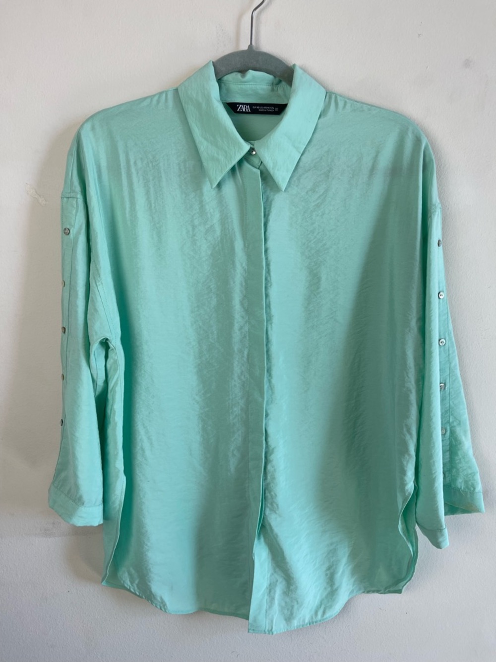 ZARA Light Mint Button-Down Satin Shirt